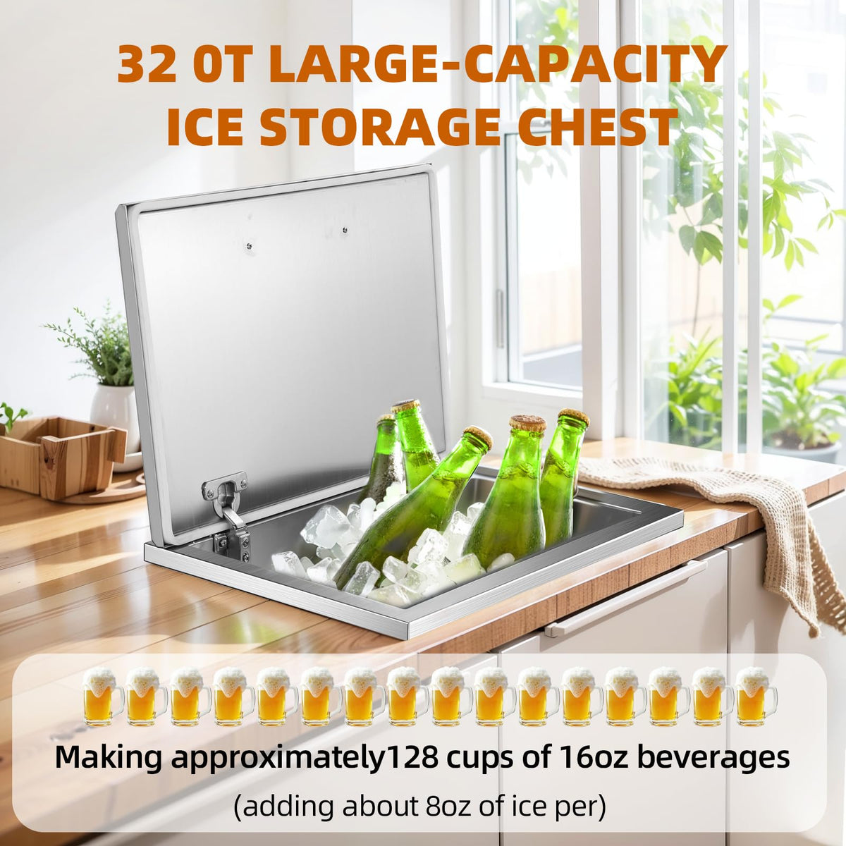 GarveeLife Drop in Ice Chest, 20" L x 14" W x 13" H Stainless Steel Ice Cooler, Commercial Ice Bin with Hinged Cover, Outdoor Kitchen Ice Bar, Drain-Pipe and Drain Plug Included, for Cold Wine Beer
