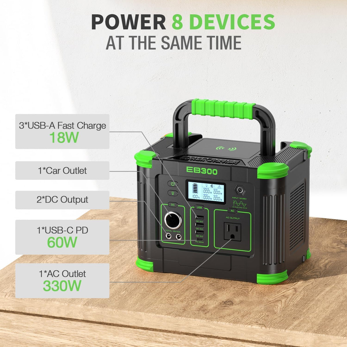 Portable Power Station 330W Solar Generator 288.6Wh, 60W USB-C PD Fast Charging, Pure Sine Wave AC Outlet, 5W Wireless Charger, LED for RV Camping, CPAP Emergency Backup & Off-Grid Living (Peak 600W)