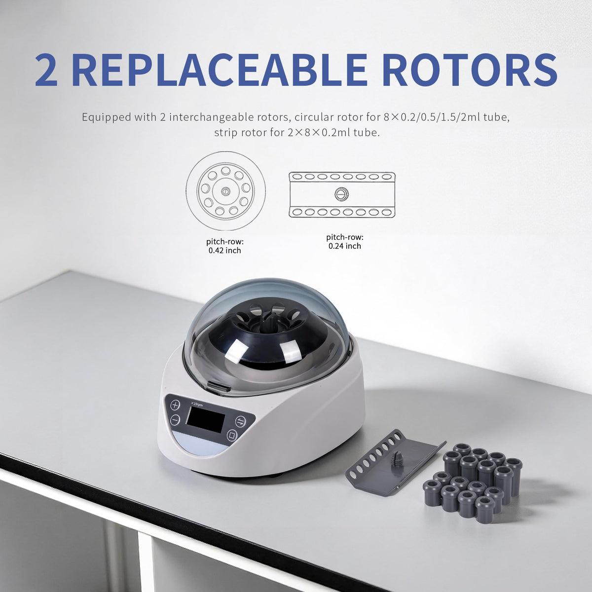 LACHOI Lab Mini Centrifuge Machine LCD Display 100-120000RPM Speed Control 1-99min Timer Max 7245×g RCF Lab Benchtop Centrifuge with 2 Rotors for 8 x 0.2/0.5/1.5/2.0ml & 2×8×0.2mL Strips,100-240V