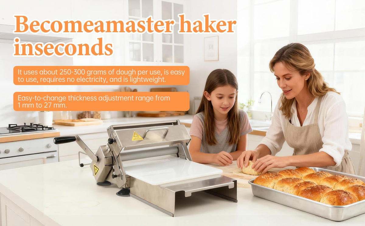 32.6" x 11.8" Folding Manual Dough Sheeter with PE Board – Stainless Steel Countertop Dough Roller Machine, Adjustable Thickness (0–25mm) for Pastry, Pizza, Croissant, Cookie & Pasta
