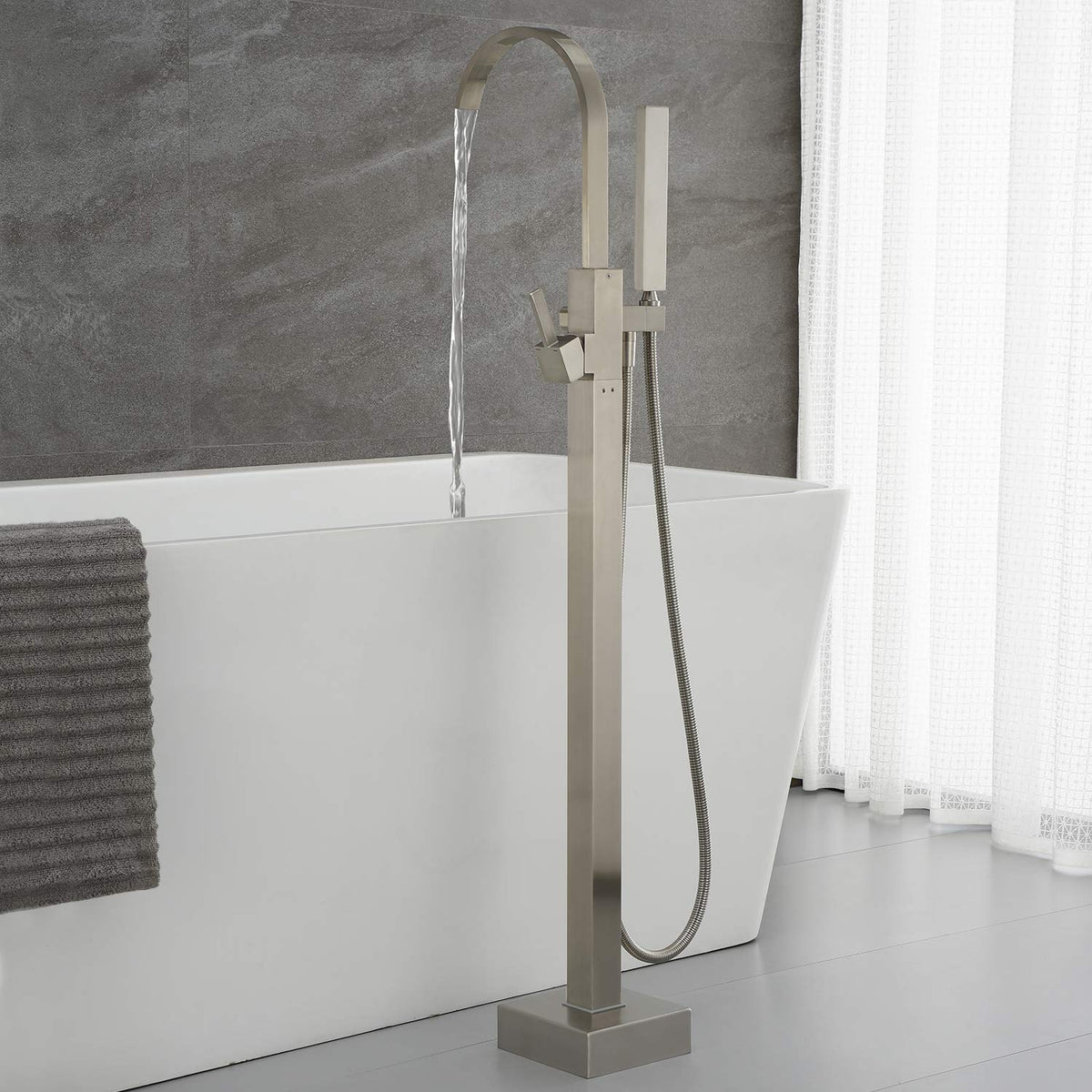 Artiqua Freestanding Bathtub Faucet Tub Filler Brushed Nickel Waterfall Floor Mount Faucets Single Handle with Hand Shower