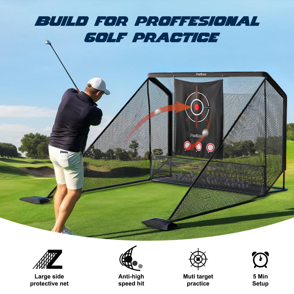 Golf Cage Practice Hitting Net,10x7ft Heavy Steel Frame with 2 Net Side Barriers,for Backyard Driving Chipping Swing Training, Home Range for Indoor& Outdoor.
