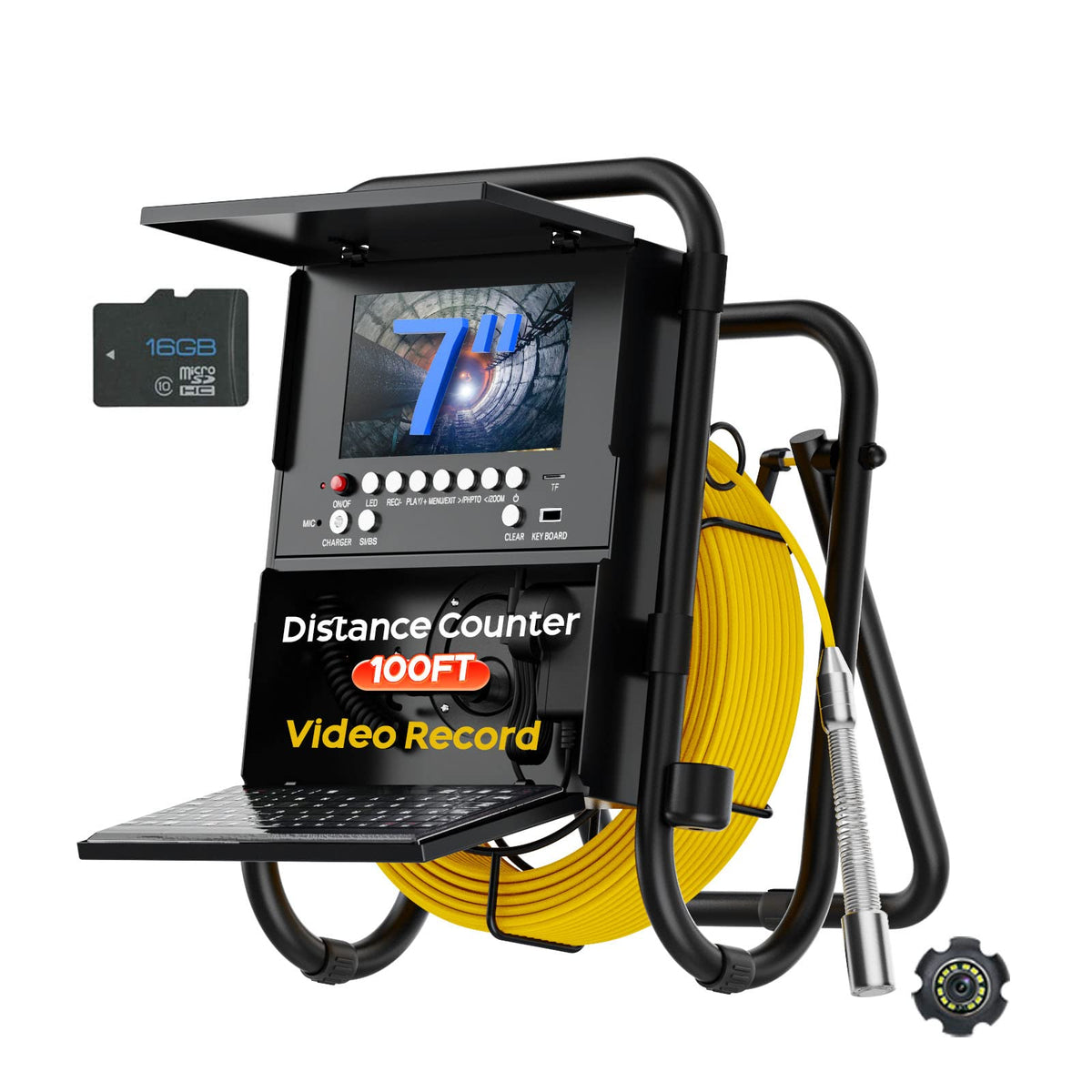 Sewer Camera 100ft Sewer Inspection Camera with Distance Counter and Keyboard 7" Screen IP68 Waterproof Industrial Endoscope Snake Camera 17MM Drain Pipe Inspection Camera