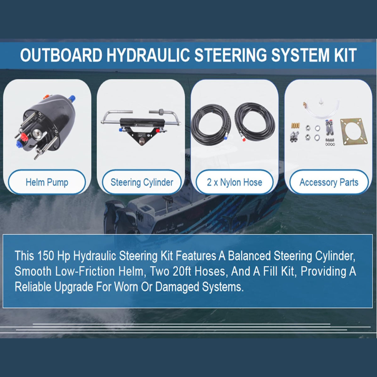 GELUOXI 150HP Marine Outboard Hydraulic Steering Kit with Dual-Lock Cylinder, High-Pressure Pump (6.9mpa/1000psi), 2X 20ft Durable Nylon Hose (5/16") for Single-Engine Boats