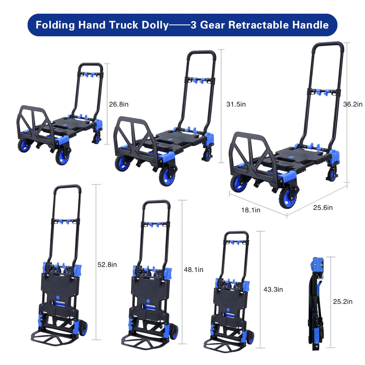 2 in 1 Hand Truck Dolly Foldable with Basket,Hand Truck Foldable with Retractable Handle,330LBS Capacity Folding Hand Cart,Portable Dolly Cart with Wheels for Moving