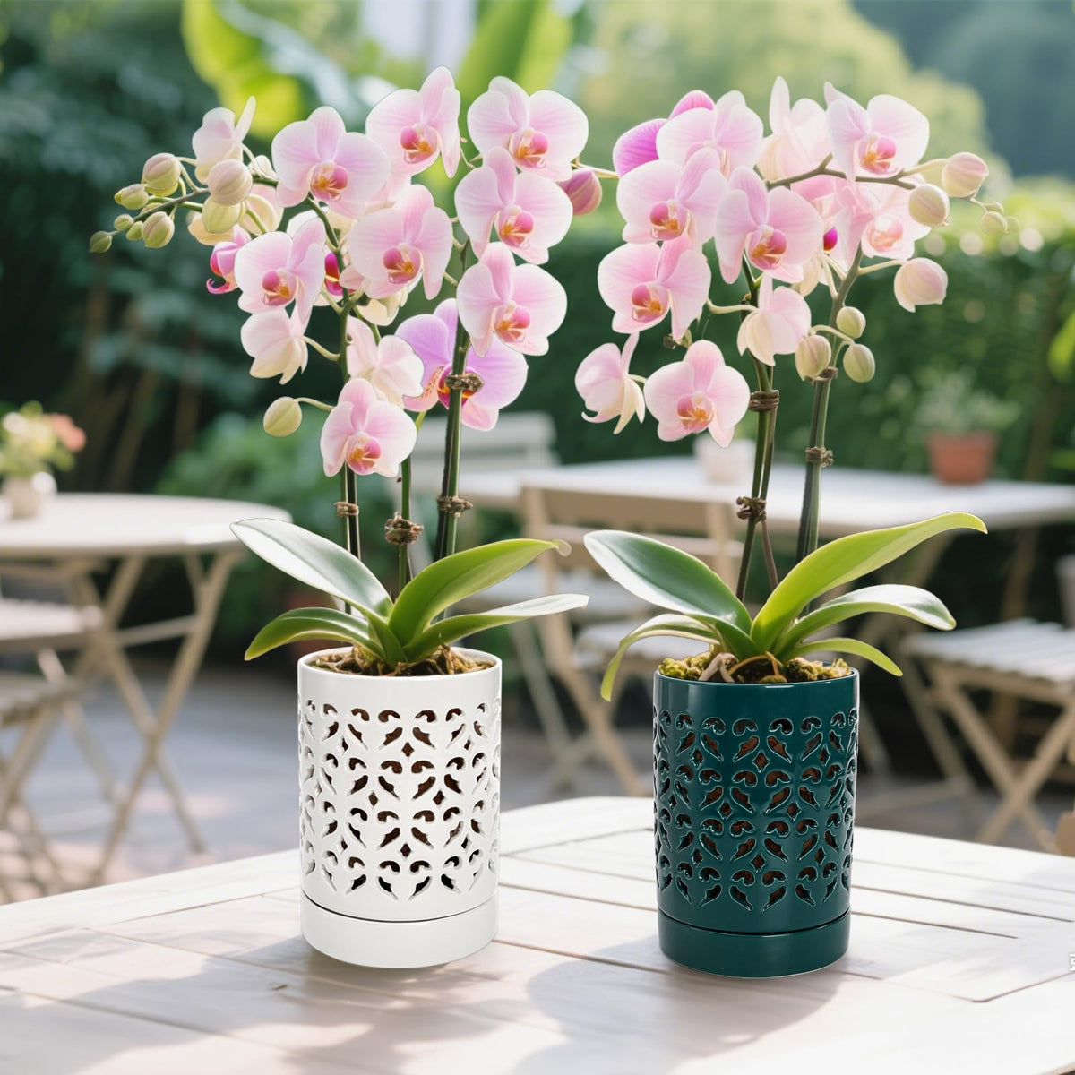 Jucoan 2 Pack Orchid Pots with Holes and Saucer, 4 Inch Ceramic Slotted Orchid Planter Pots for Repotting Indoor Outdoor Plant, Elegant Beige White and Green