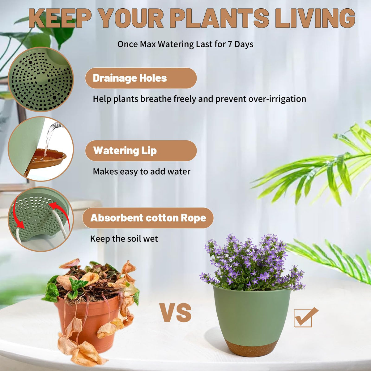 LIFFY Plant Pots, 8,7.5,7,6.5,6,5.5,5 Inch Plastic Self Watering Planters with Drainage Holes & Saucers, 7-Pack Green Nursery Planting Pot with Deep Reservoir for Indoor Outdoor Plants