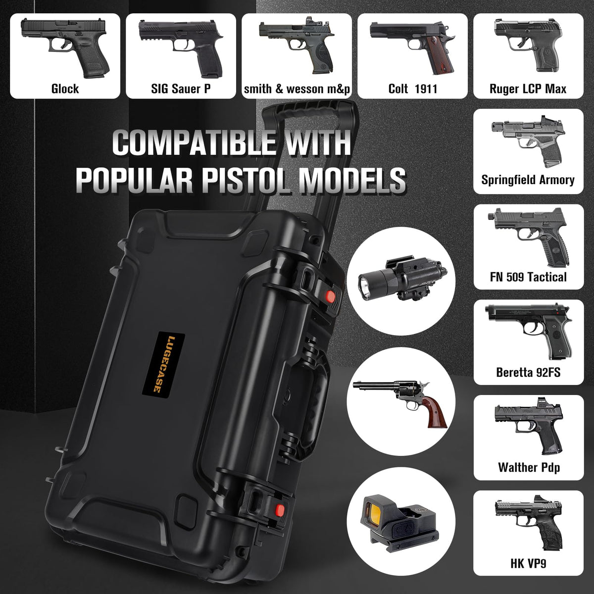 Wheeled Pistol Gun Case for 10 Handguns - Holds 10 Pistols & 12 Magazines, Pre-Cut Pistols Hard Shell Gun Box, TSA Approved Pistol Case for SIG Sauer, Smith & Wesson, for Colt, for Revolver, for Glock