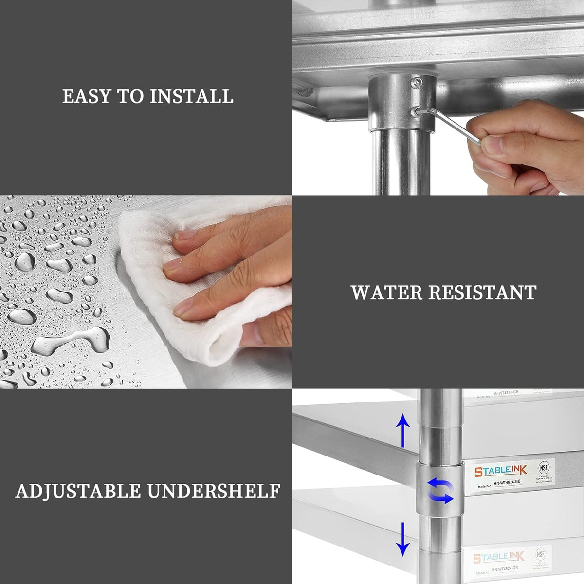 STABLEINK NSF Stainless Steel Prep Table 48x24 Inches 4ft, Metal Work Table with Adjustable Undershelf, for Commercial Kitchen, Restaurant, Hotel, Laundry and Garage