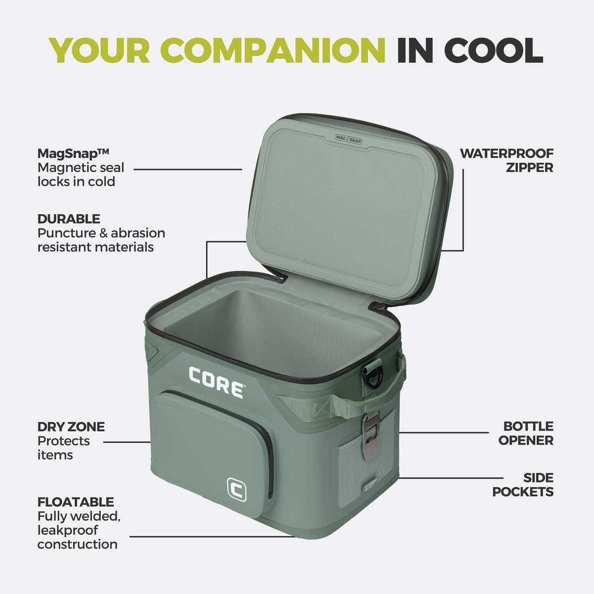 CORE Magnetic Leak Proof 18 Can Soft Cooler with Waterproof Zipper | Insulated Bag Portable Ice Chest Box | Best Soft Cooler for Food & Beverages for Tailgating, Car Camping, and Family Beach Picnics