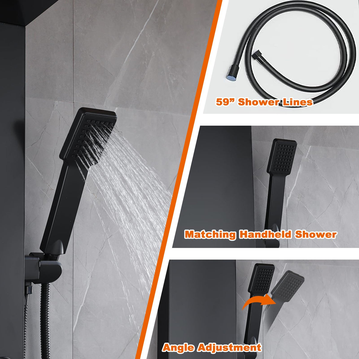 RUITHOE LCD Temperature Display Rainfall Shower Panels Tower System with Storage Shelf, Matte Black LED Light 304 Stainless Steel with Handheld Massage Body Jets Water Waterfall Bathtub