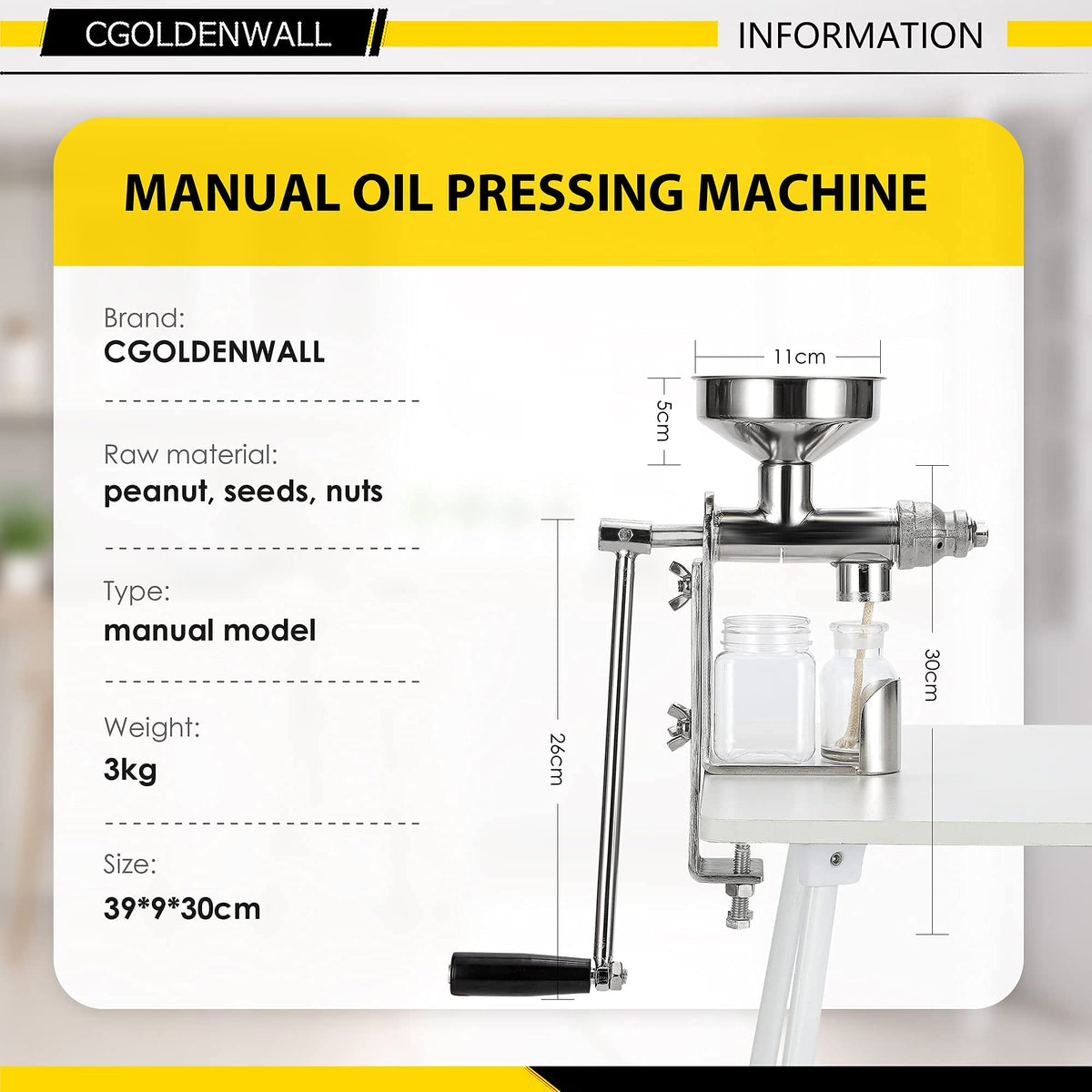 CGOLDENWALL Manual Oil Press Machine Household Seed Oil Press Extractor Peanut Nuts Oil Expeller for Physical Press and Continuous Expelling