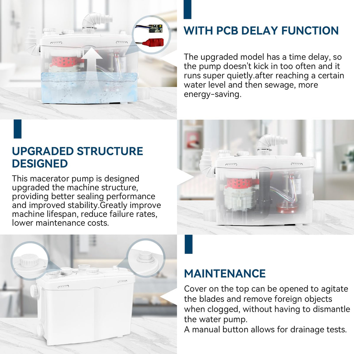 1200W Utility Sink Pump with Blade PCB Function Under Sink Pump Upflush to 39.4FT 2800GPH with 4 Water Inlets 2 Outlets Macerating Toilet System for Sink Shower Washing Machine Kitchen Basement