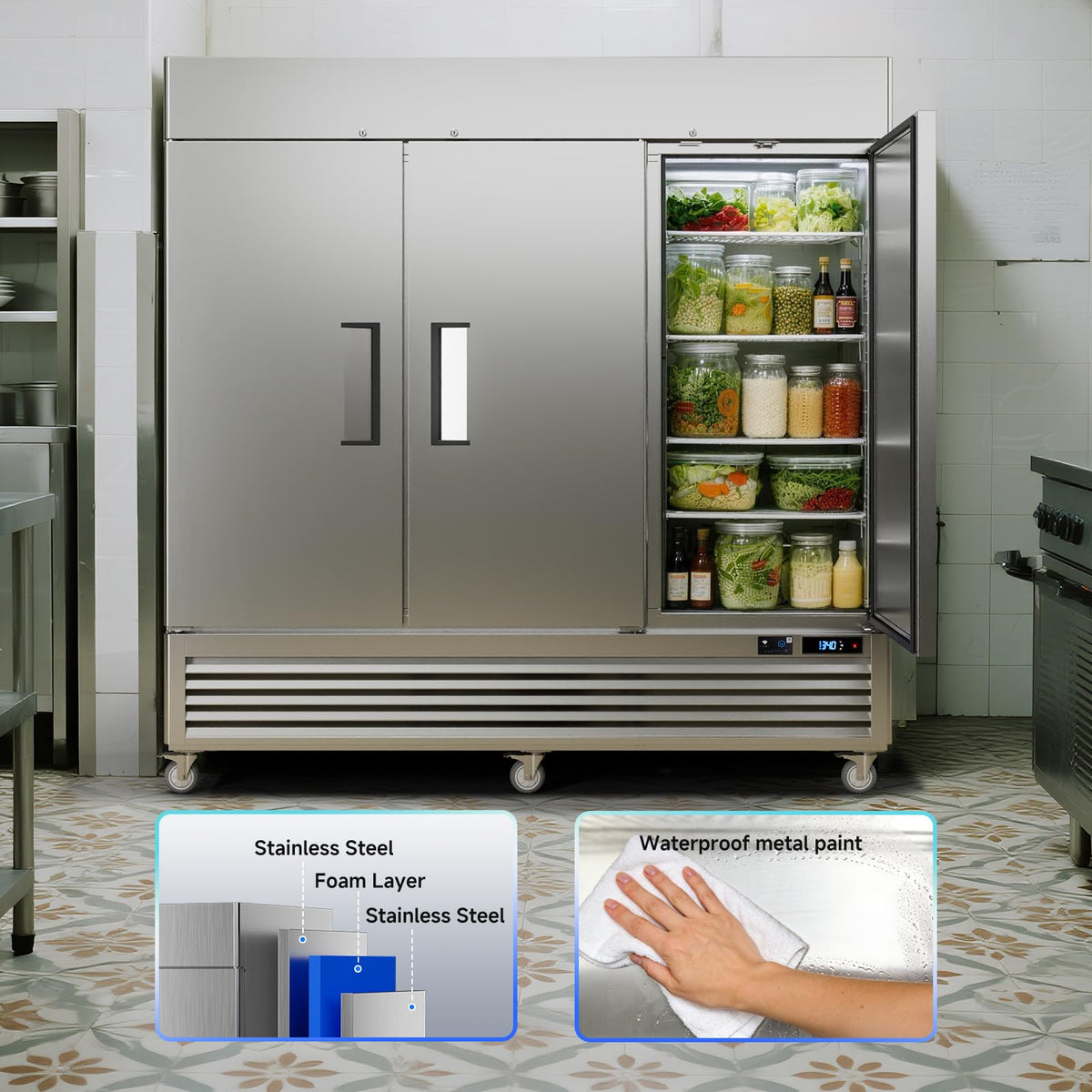 VEECOOL 72 cu.ft Commercial Refrigerator WiFi-Enabled, 82" Two Section Full Door Stainless Steel Reach in Refrigerator, LED Lighting, App and Digital Control, R290 Refrigerant, ETL&ETL Sanitation
