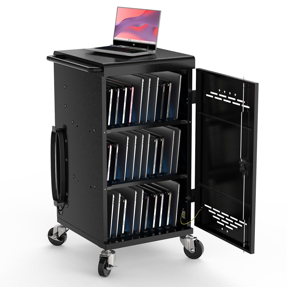 Metateel 30-Device Charging Cart for Chromebook, iPad & Laptops up to 14" – Laptop and Tablet Storage Cart with Cable Management, Circuit Breaker & Grounding Protection, Black (Assembly Required)