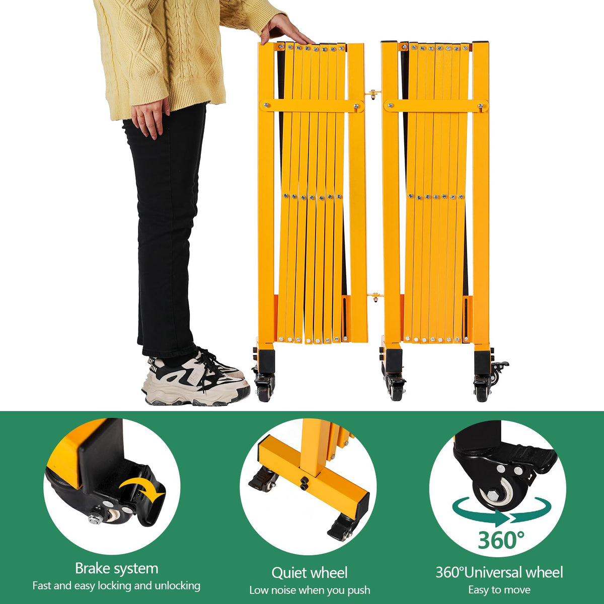 LTSEAME 16FT Industrial Expandable Barricade Folding Security Gate with Wheels,Retractable Driveway Gate with Aluminum Fence and 270 Degrees Direction Adjustment(Yellow, 16FT)