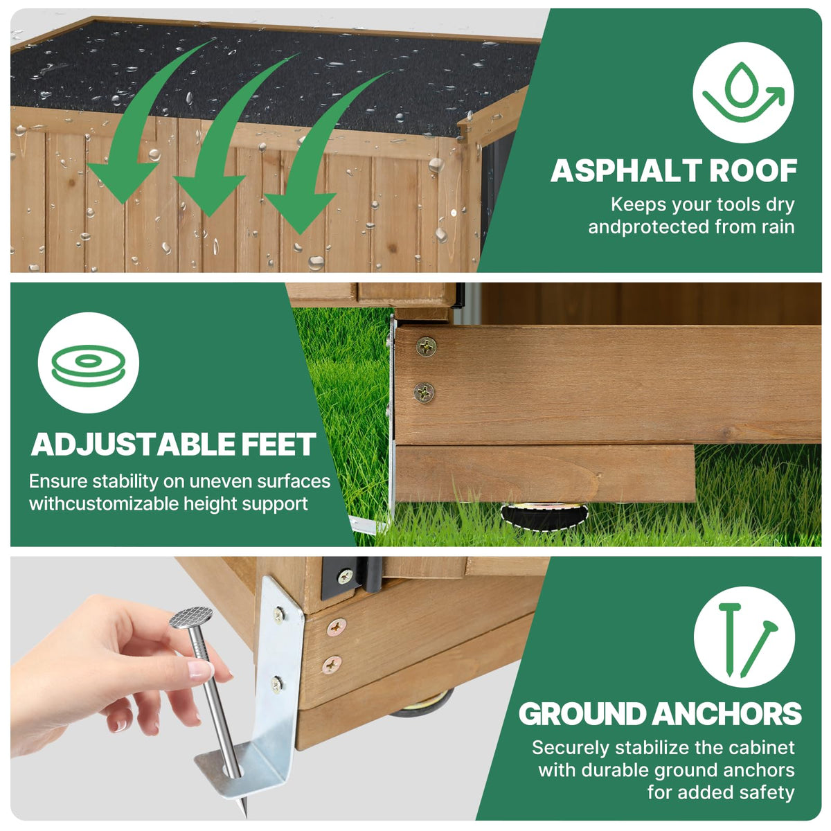 Ketive Outdoor Storage Cabinet, Tall Tool Garden Cabinet with Weather-Resistant Roof, Double Lockable Doors, 3 Removable Shelves & Adjustable Feet, for Patio, Garden, Backyard, 32" x 15.5" x 66"
