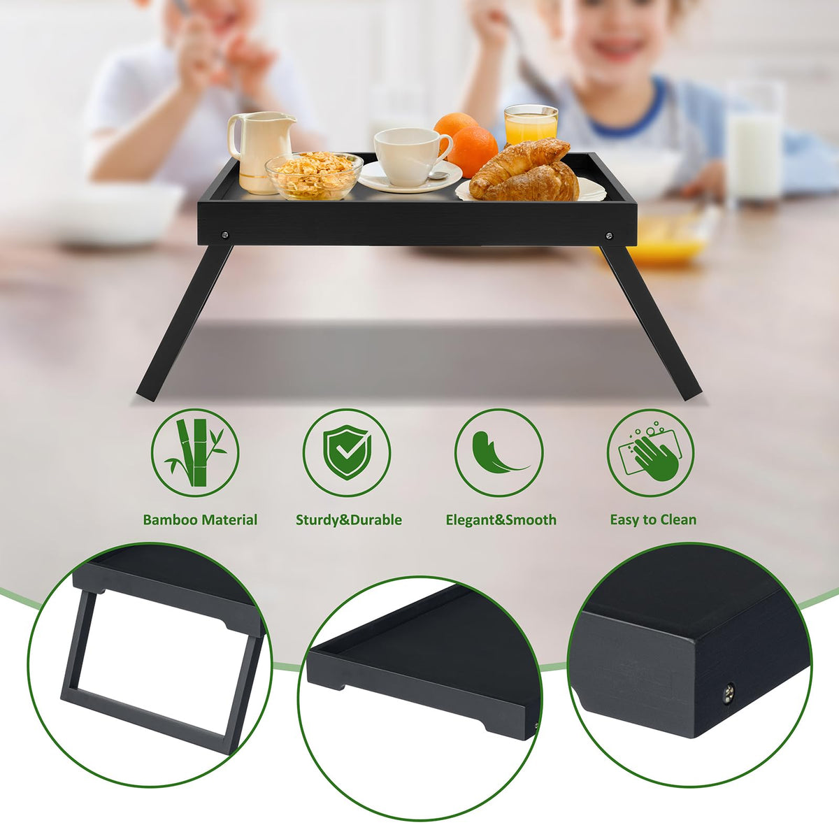 Kaukinye Bamboo Bed Tray Table with Foldable Legs, Breakfast Tray, Laptop Desk for Bed or Sofa,Food,Dinner,Serving,TV Table Kitchen, Eating,Working, Reading(Black)