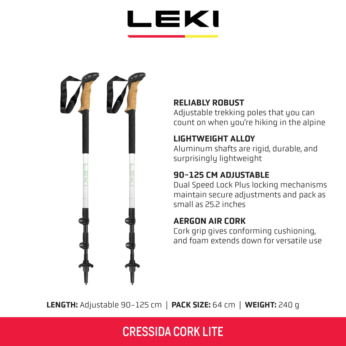 LEKI Cressida Cork Lite Aluminum Adjustable Lightweight Walking Poles for Trekking & Hiking - White-Silver-Green - 90-125 cm