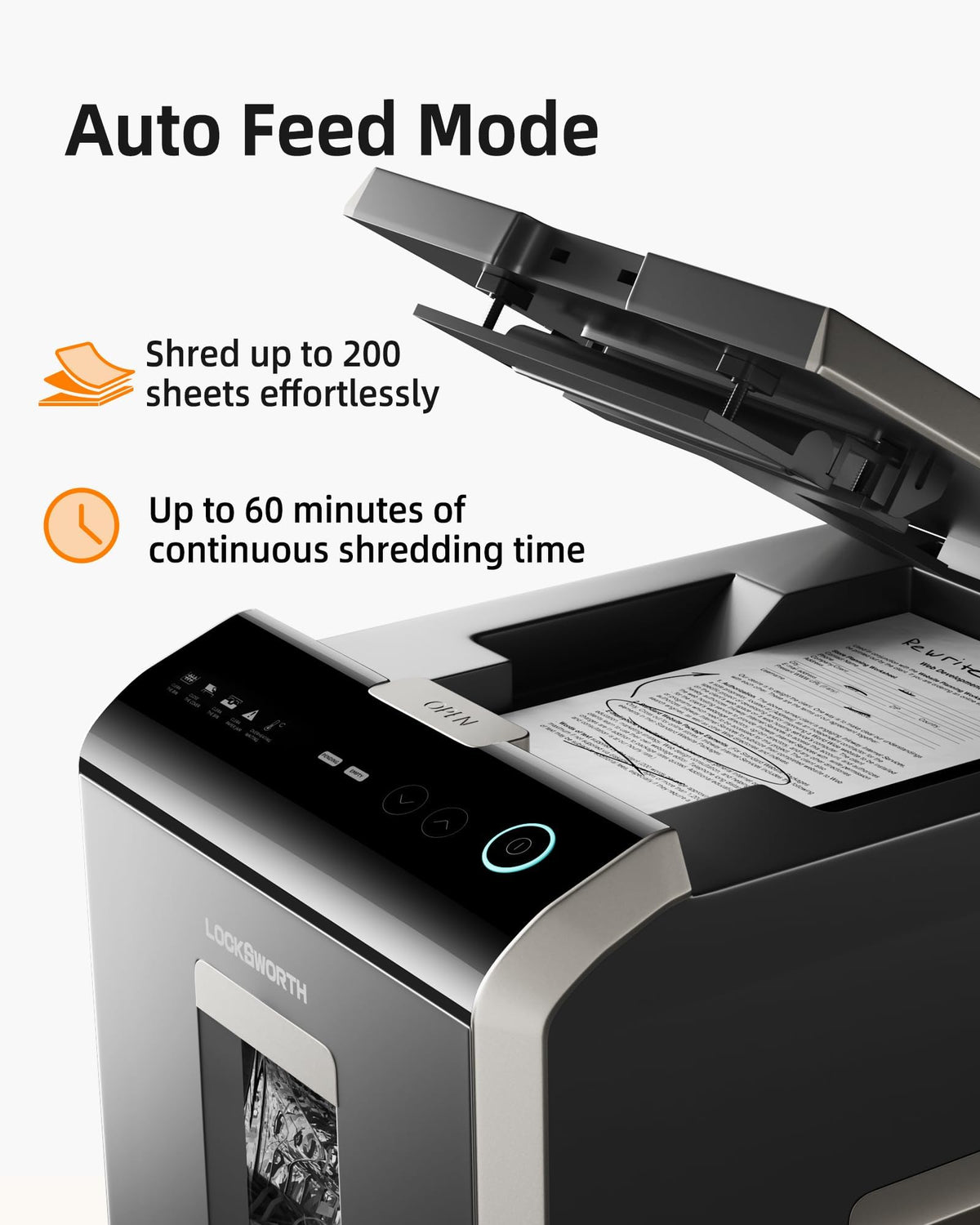 Locksworth Heavy Duty Micro-Cut Paper Shredder: 200-Sheet Auto Feed/10-Sheet Manual Feed, P-5 High Security, 8.5 Gallon Bin with Casters for Home Office