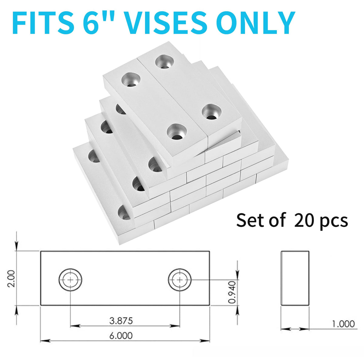 LTIENBST 10 Sets(20Pcs) Aluminum Soft Jaws Set, 6 inch Vise Jaws 6" x 2" X 1",10Set Vise Soft Jaws Fit to 6" Kurt Vise Jaws,Silver