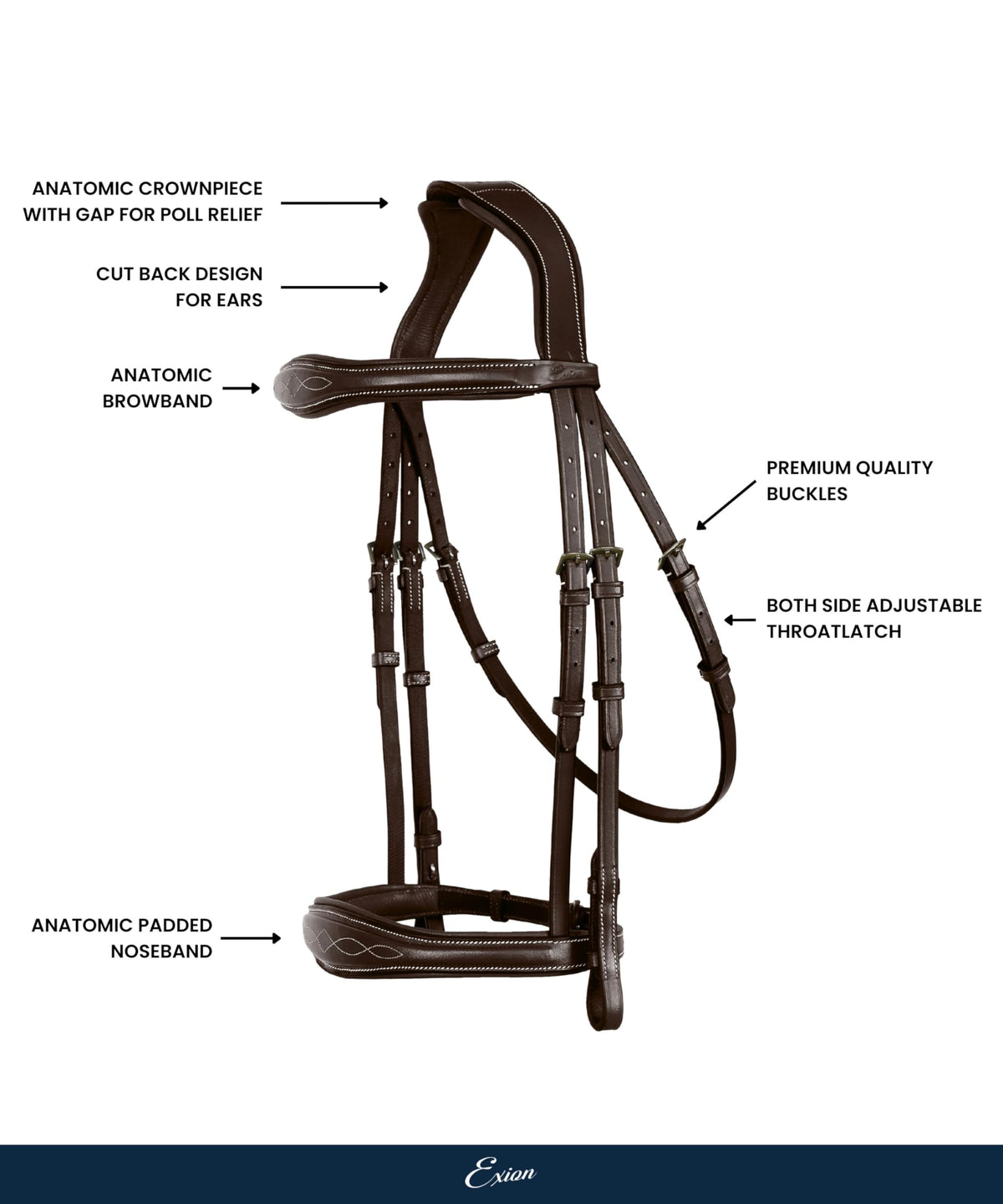 Exion Hunter Anatomic English Bridle – Padded Fancy Stitched Leather Bridle with Rubber Reins – Ergonomic Poll Relief Crownpiece for Show Jumping & Eventing – Stainless Steel – Havana Brown