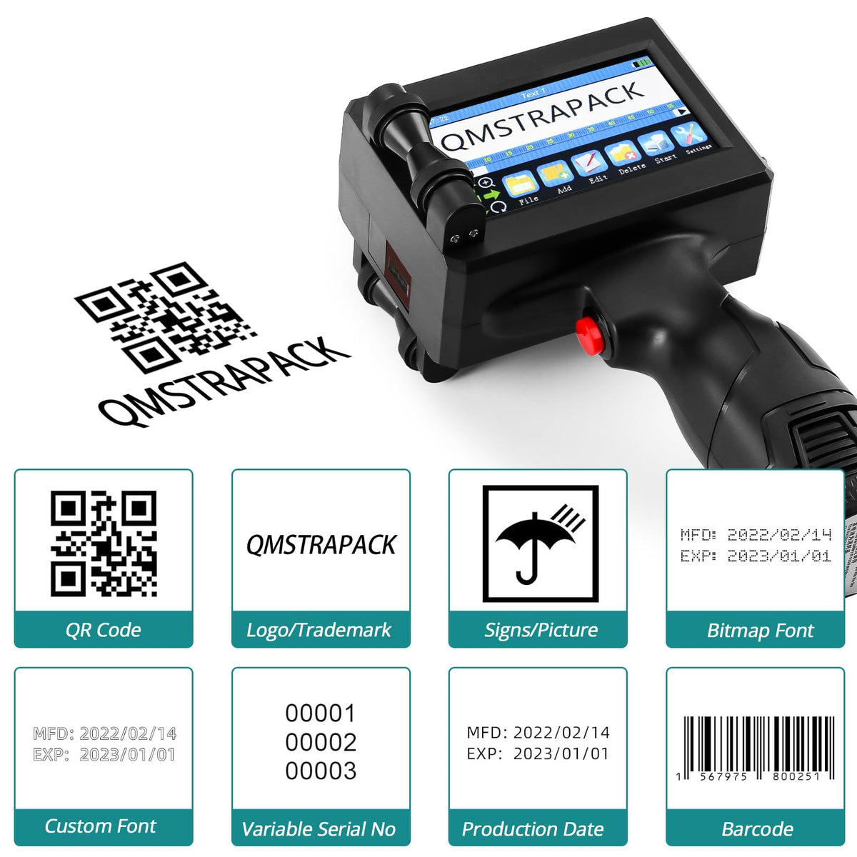 QMSTRAPACK Handheld Inkjet Printer Gun Z10 Printing Height 0.08-0.5 Inch Inkjet Coder with Original Fast-Drying Ink for Text QRCode/Barcode/Batch Number/Label/Image/Date Printer for Any Surface