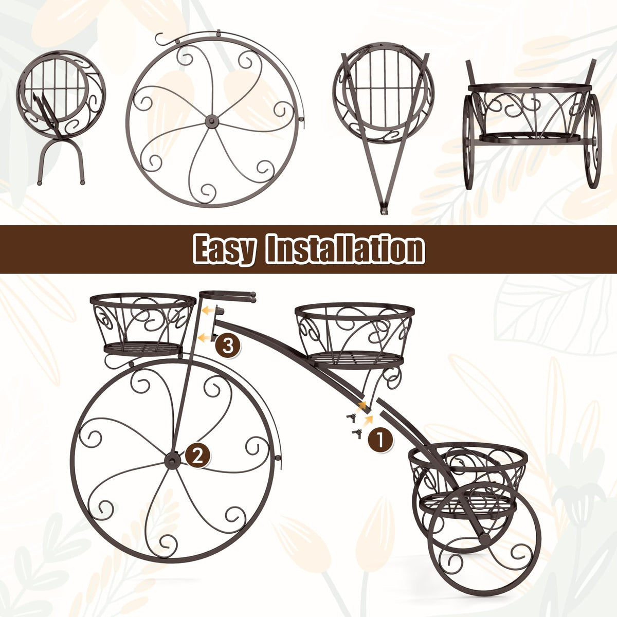 CHEFJOY Metal Bicycle Planter, 3-Tiers Flower Cart Display Stand with 3 Wheels & Iron Baskets, Decorative Cart plant stand for Garden, Patio, Indoor, Outdoor (Bronze)