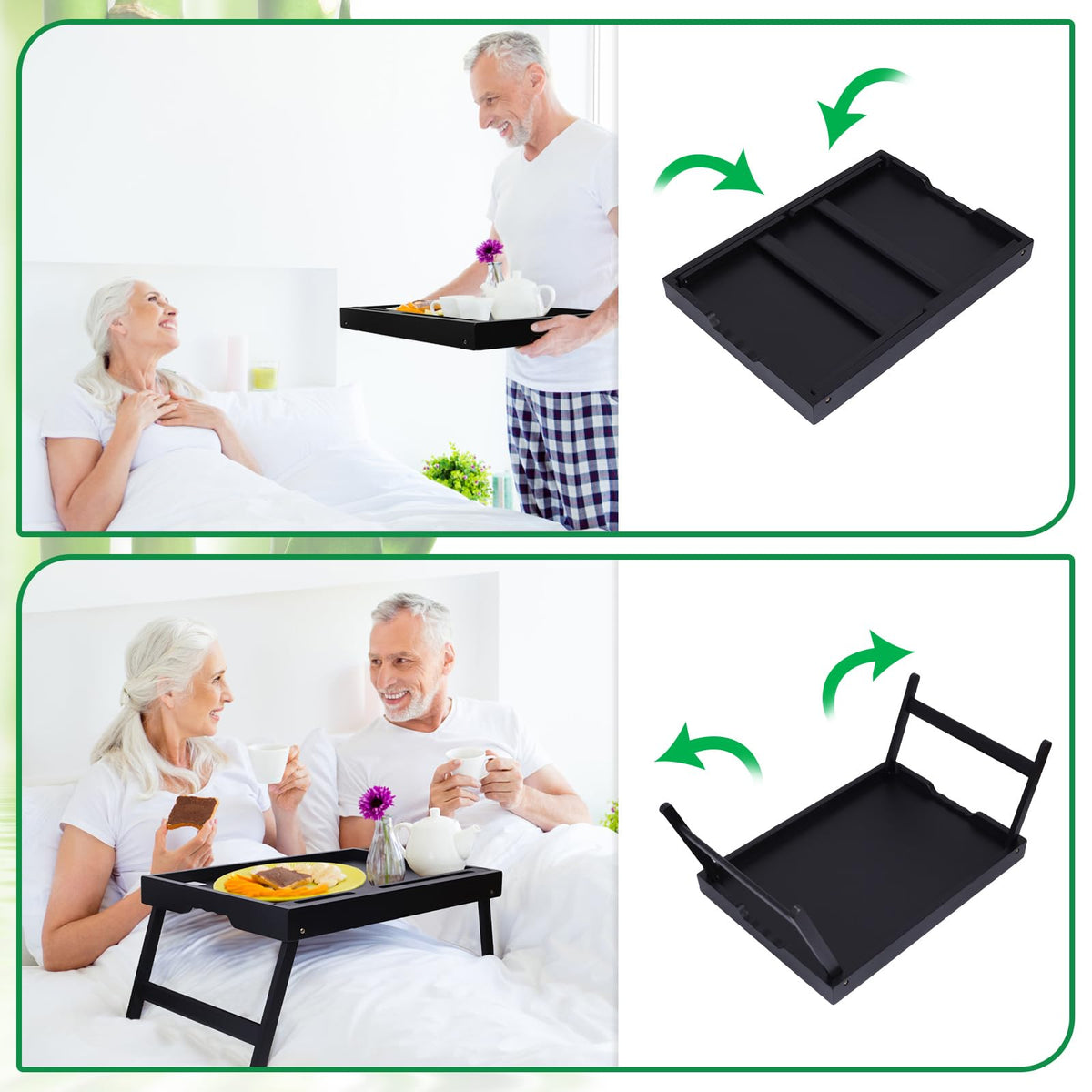 Bed Tray Table with Handles Folding Legs,Bamboo Breakfast Food Tray with Media Slot,Use As Platter,Laptop Desk,Snack,TV Tray Kitchen Serving Tray Black Large