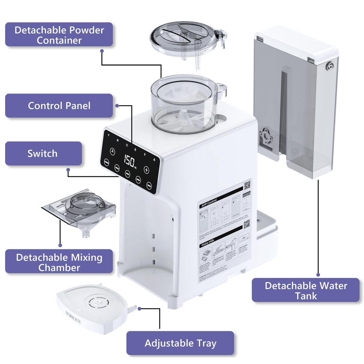 Horigen Smart Baby Formula Maker - Advanced WiFi Bottle Maker Formula Machine with Automatic Mix & Clean, Instant Warm Water, Fast Milk Make with Accurate Dispensing & Temperature Control