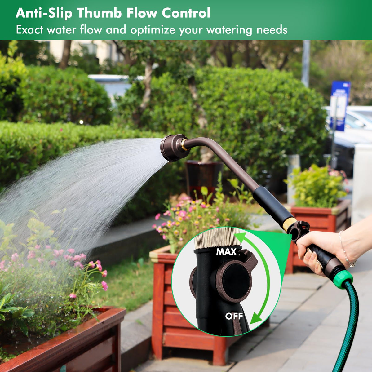 RESTMO Long Watering Wand, 24 Inches Gentle Soft Full Shower Sprayer Wand with Thumb Flow Control, Heavy Duty Metal Hose Wand for Hanging Baskets, Shrubs, Plants, Flowers, Garden and Lawn, Bronze