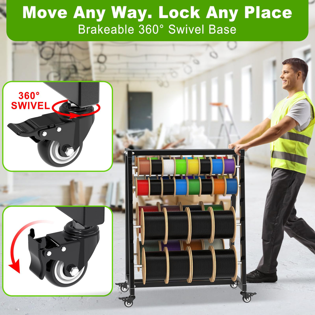 SELEWARE Heavy-Duty 12-Rod Wire Spool Rack – 400lb Capacity Cable Caddy & Dispenser with Locking Wheels, Adjustable Spool Rods for Electrical, Industrial & Retail Use