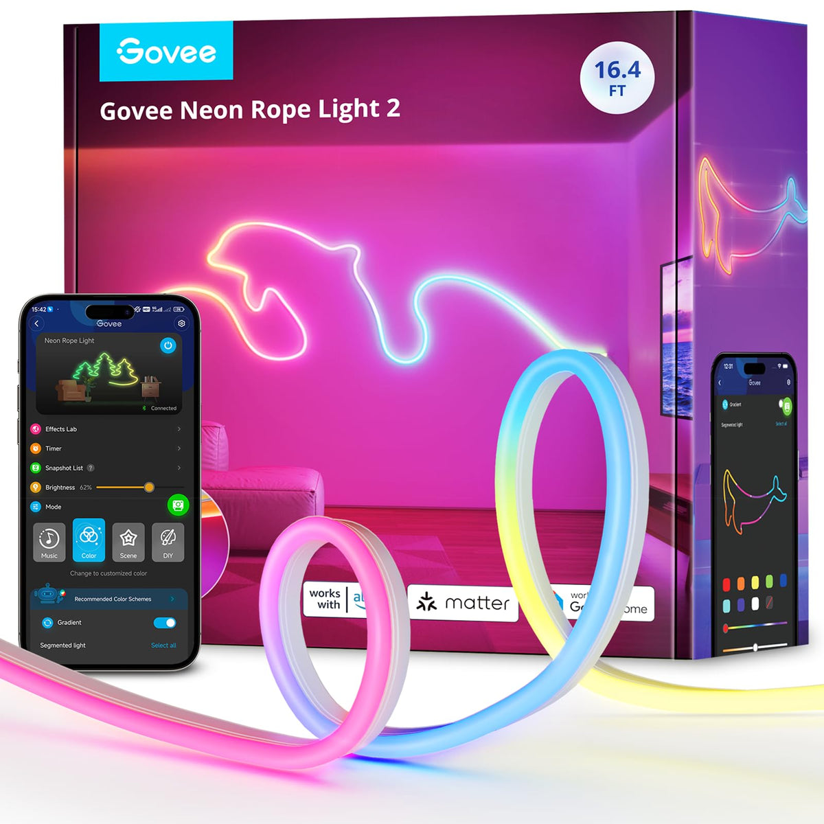 Govee RGBIC Neon Lights, LED Smart Neon Rope Light 2 Works with Matter, Alexa, Google Assistant, Custom DIY Neon Strip Lights for Bedroom and Wall Decor, Softer Material, 16.4ft, White