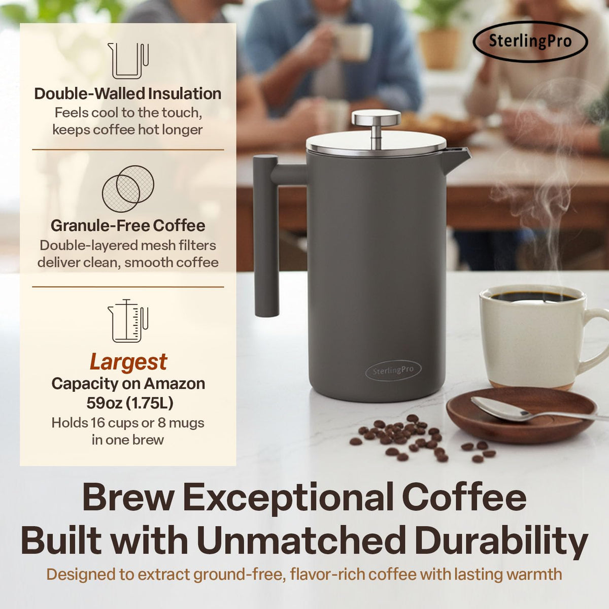 SterlingPro 1.75 L 59 oz Grey Extra Large French Press Coffee Maker and 6 Pack Replacement Screens Bundle Stainless Steel Double Wall Insulated for Tea and Coffee