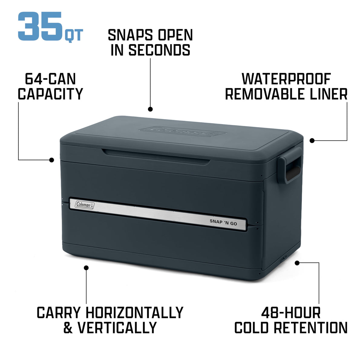 Coleman Snap 'N Go 35-Quart Collapsible Hard Cooler, Portable Hard-Sided Cooler with Waterproof Removable Liner, Spacing-Saving & Quick Set Up, 48 Hours Cold, Mussel Grey