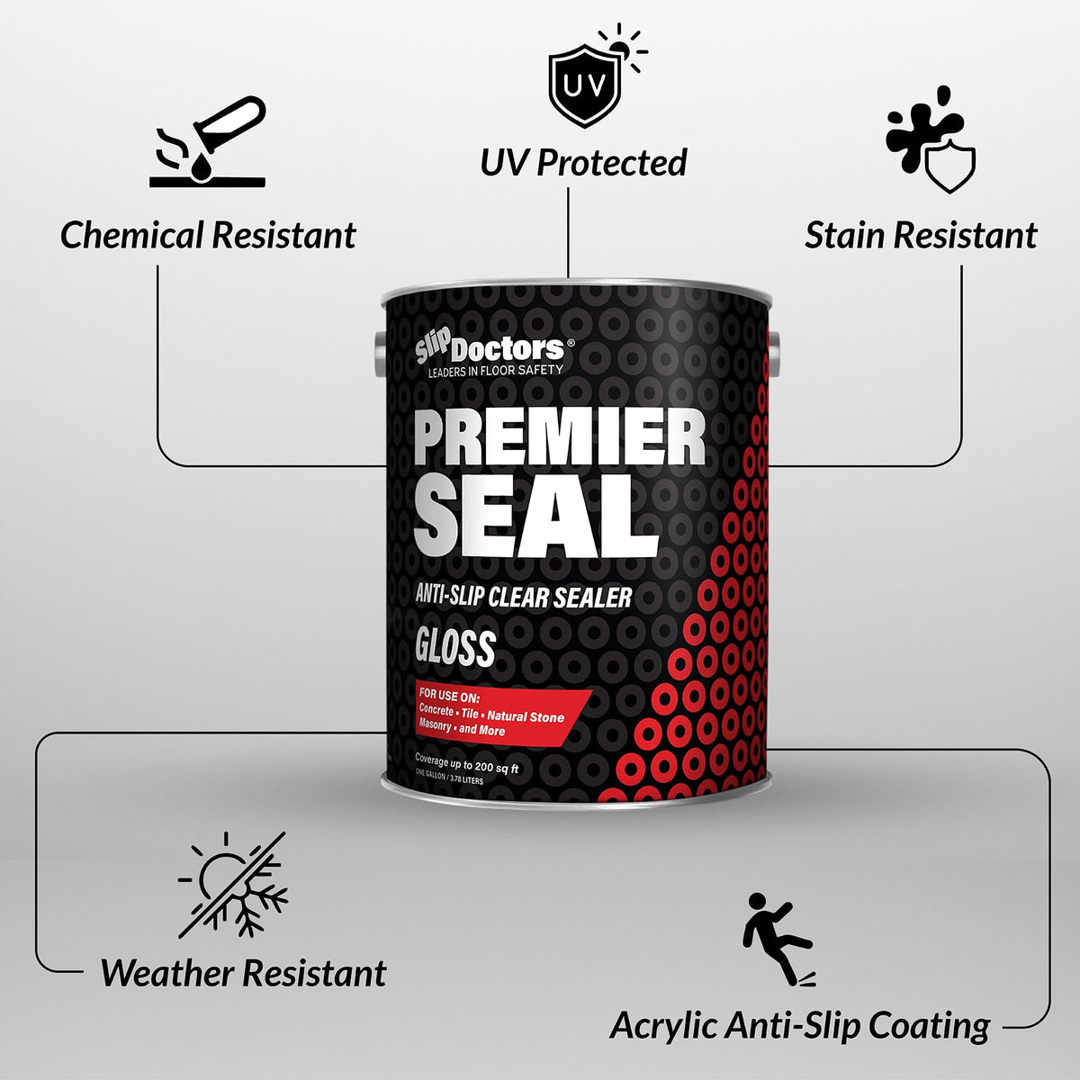 Premier Seal Non-Slip Concrete & Paver Sealer – Clear Anti-Slip Sealant for Pool Decks, Driveways & Garages - Gloss Finish