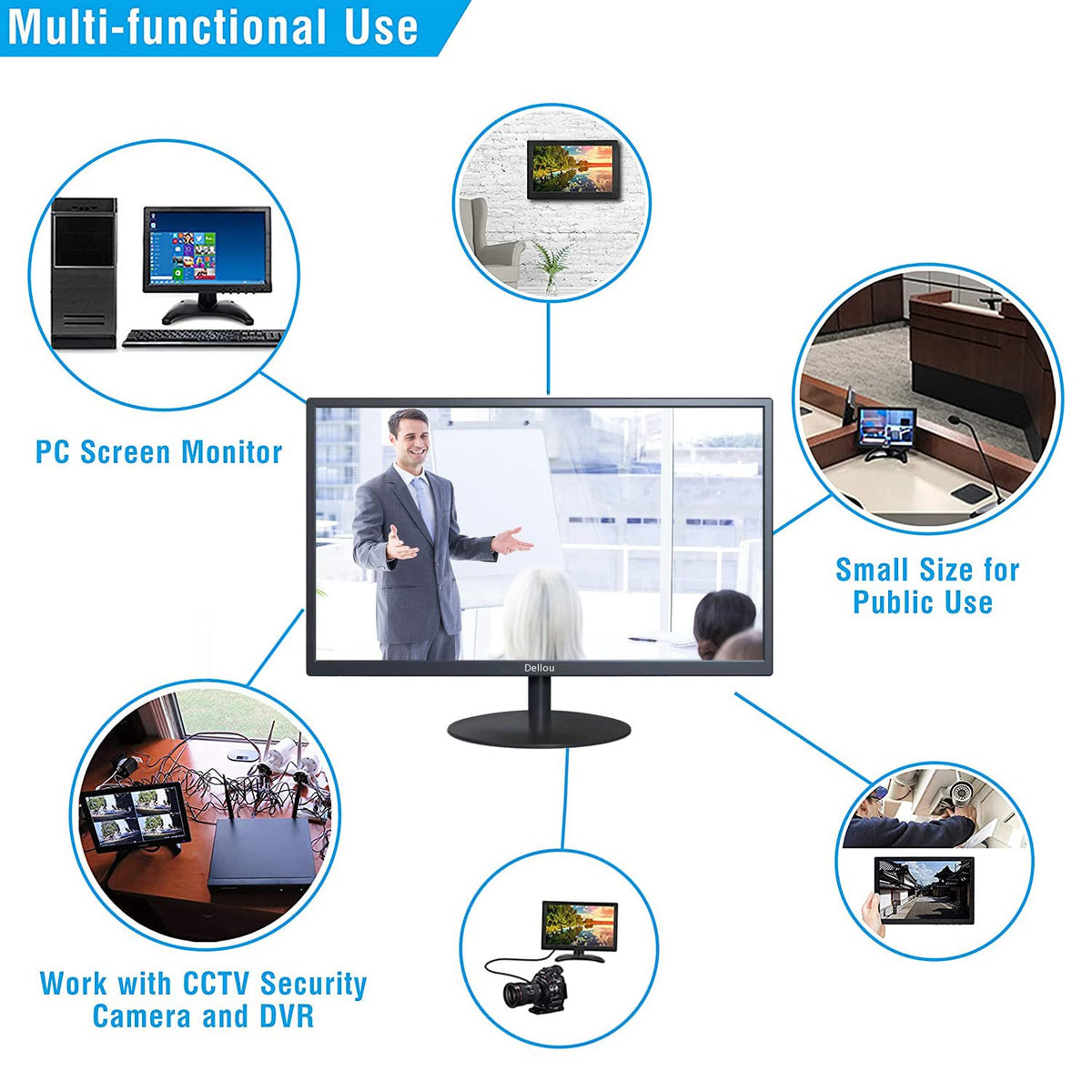 Elweyoo 22 inch Monitoring LCD Display Security Camera Monitor Multifunction Interface HDMI, AV, BNC, VGA, USB, PC Input CCTV Computer Monitor Built-in Speaker 1920x1080 Full HD, Black