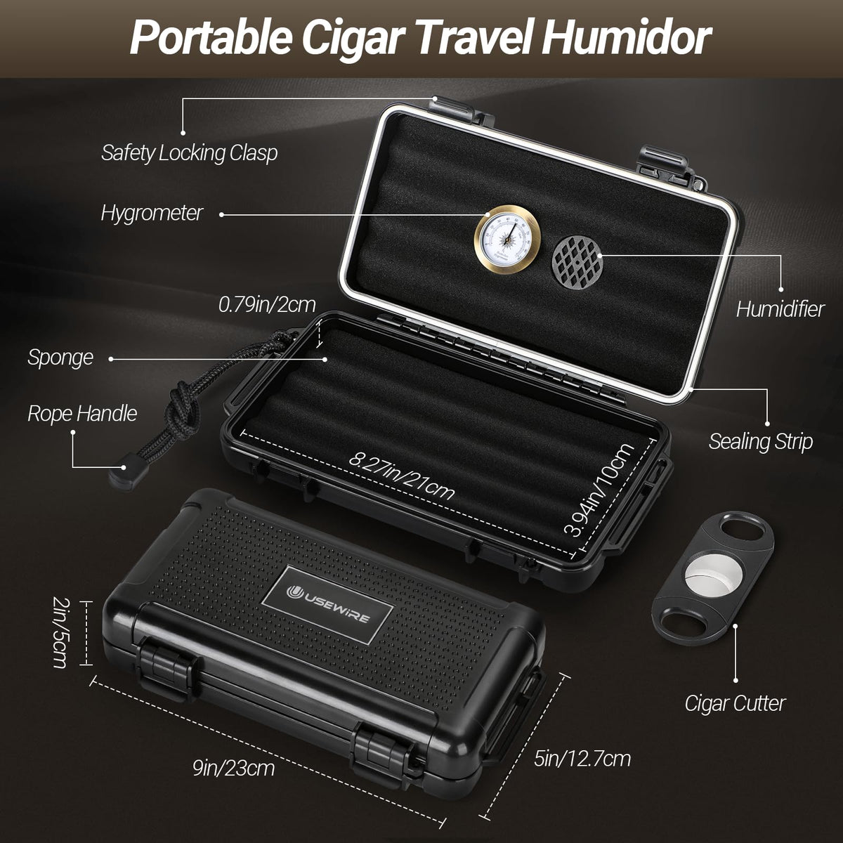 USEWIRE Cigar Travel Humidor and Cigar Lighter Set, Portable Travel Cigar Case with Humidifier, Hygrometer, Cigar Lighter, Cigar Cutter, Travel Humidor Holds 4-5 Cigars, Cigar Gift Set (Black)