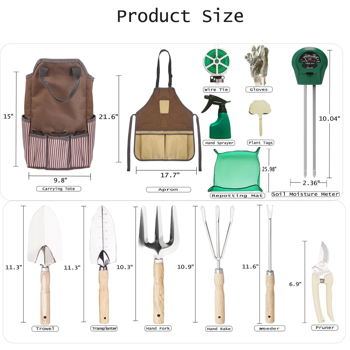 Beswill 14 PCS Garden Tool Set with Soil Moisture Meter, Stainless Stell Heavy Duty Gardening Hand Tools with Wood Handle, Tote Bag, Repotting Mat, Gardening Tool Set Ideal Gift for Women and Men