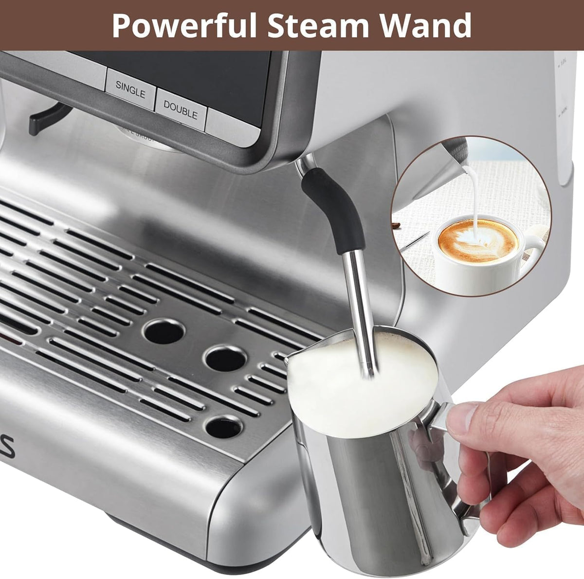 Takywep Semi-Automatic Espresso Machine - 1450W/20 Bar, 30 Grinder Settings, Fast Heating, Milk Frother Steam Wand, Home & Hotel Use, Silver