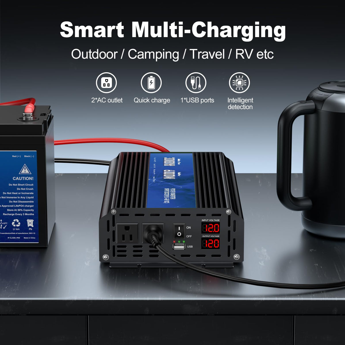 3000W Power Inverter 12V DC to 110V/120V AC Converter, 6000W Peak, LCD Display & Remote Control, Dual AC Outlets & USB Port for RV Truck Solar System, Emergency Backup, Outdoor Camping