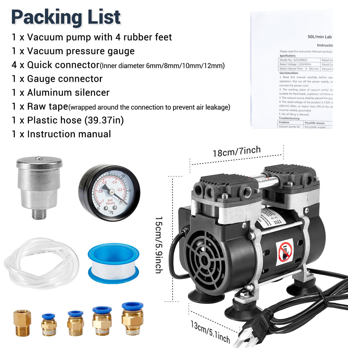 ScitoLAB Vacuum Pump 50 L/Min, Oilless Pump with Upgraded Capacitor, Vacuum Meter, Aluminum Silencer, 4 Quick Connectors, for Lab Electronics Industry