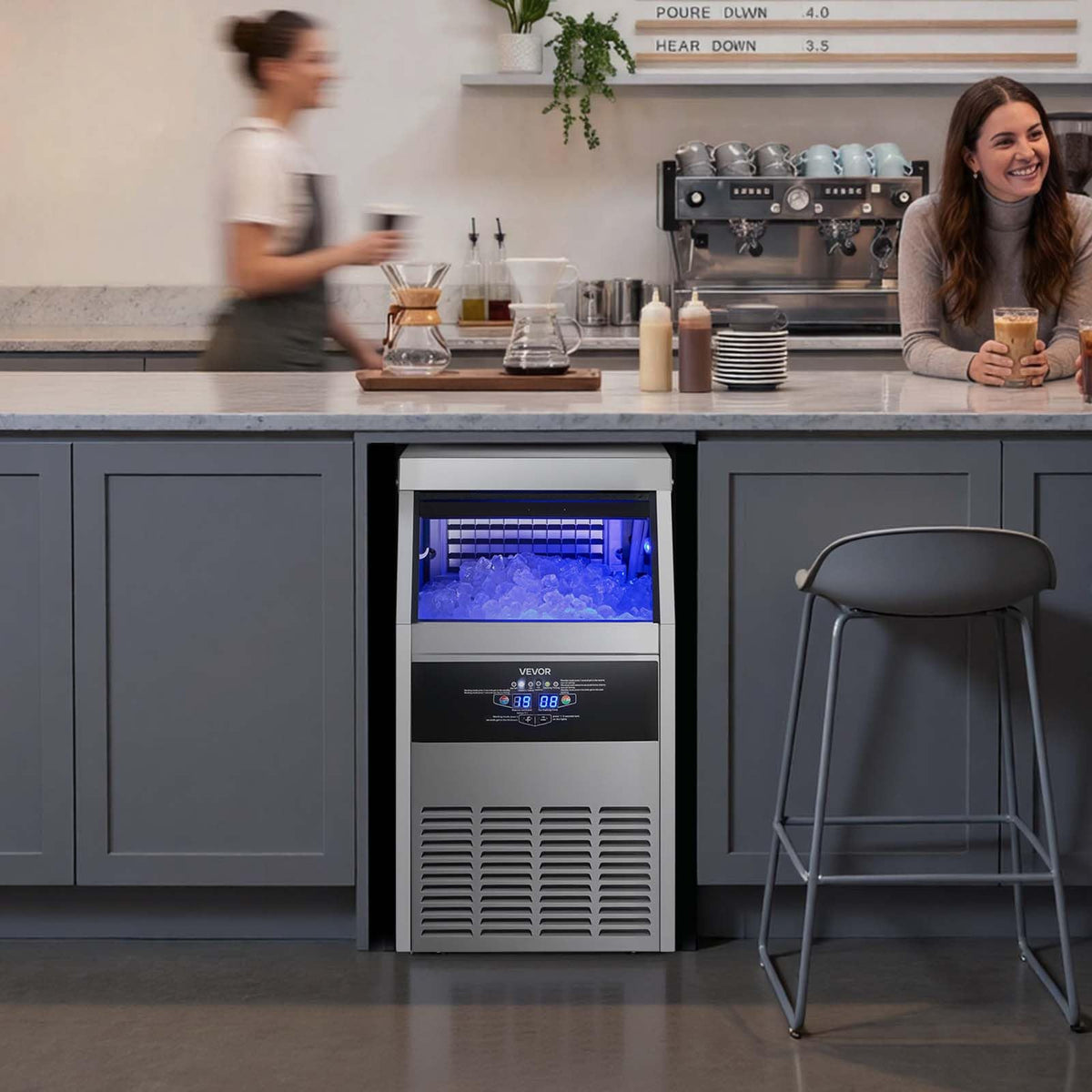 VEVOR Commercial Ice Maker Machine, 130 lbs/24h with 16-30 lbs Storage Capacity, Built-in/Freestanding/Under Counter, Stainless Steel Ice Maker with LED Display & Self-Cleaning, Home Bar Restaurant
