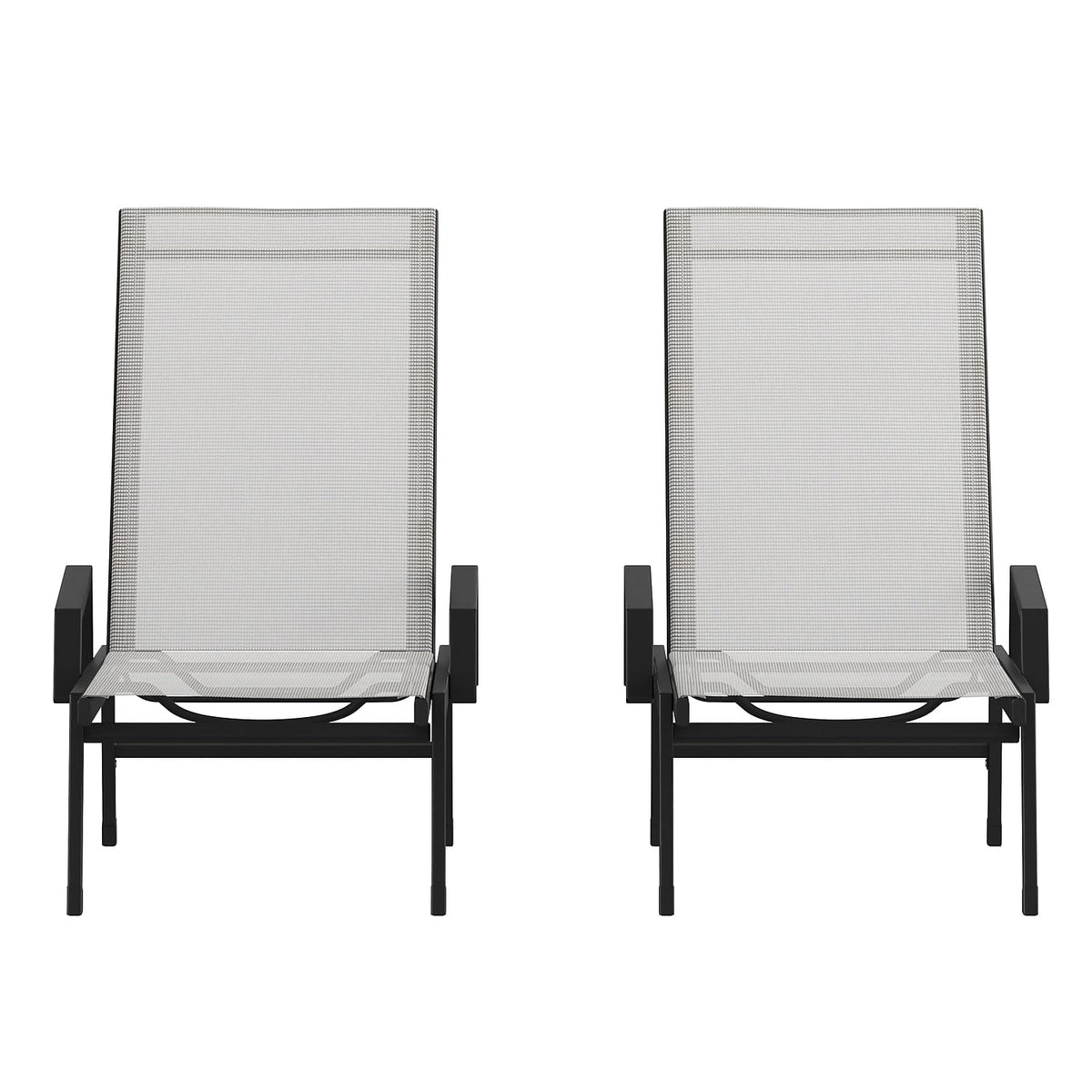 Flash Furniture Brazos Set of 2 Adjustable Chaise Lounge Chairs with Arms, All-Weather Outdoor Five-Position Recliners, Black/Gray