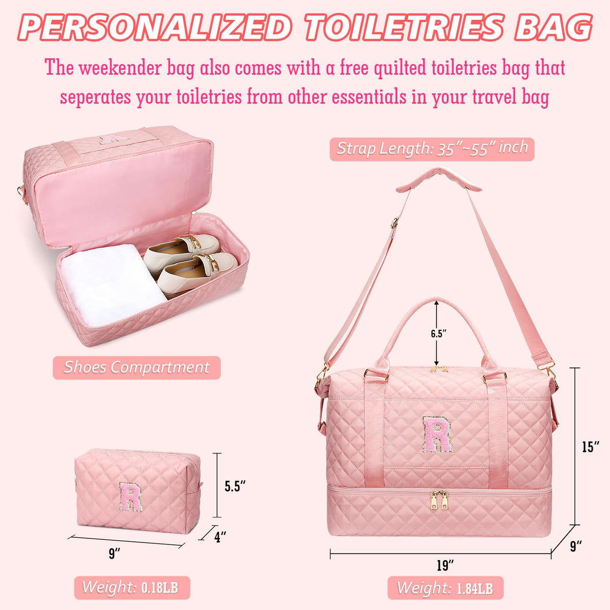 Gifts for Women Teen Girls Birthday Initial Travel Duffle Bag Quilted Weekender Bags Carry-On Overnight with Cosmetic Bag, Gym Bag with Shoe Compartment, Pink-R