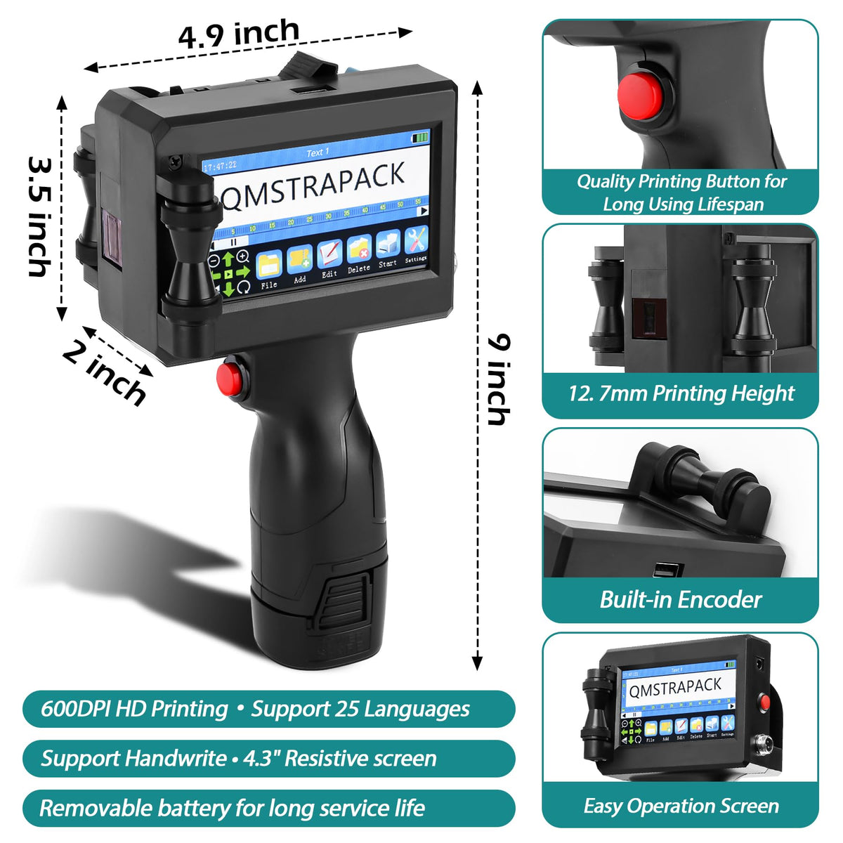 QMSTRAPACK Handheld Inkjet Printer Gun Z10 Printing Height 0.08-0.5 Inch Inkjet Coder with Original Fast-Drying Ink for Text QRCode/Barcode/Batch Number/Label/Image/Date Printer for Any Surface
