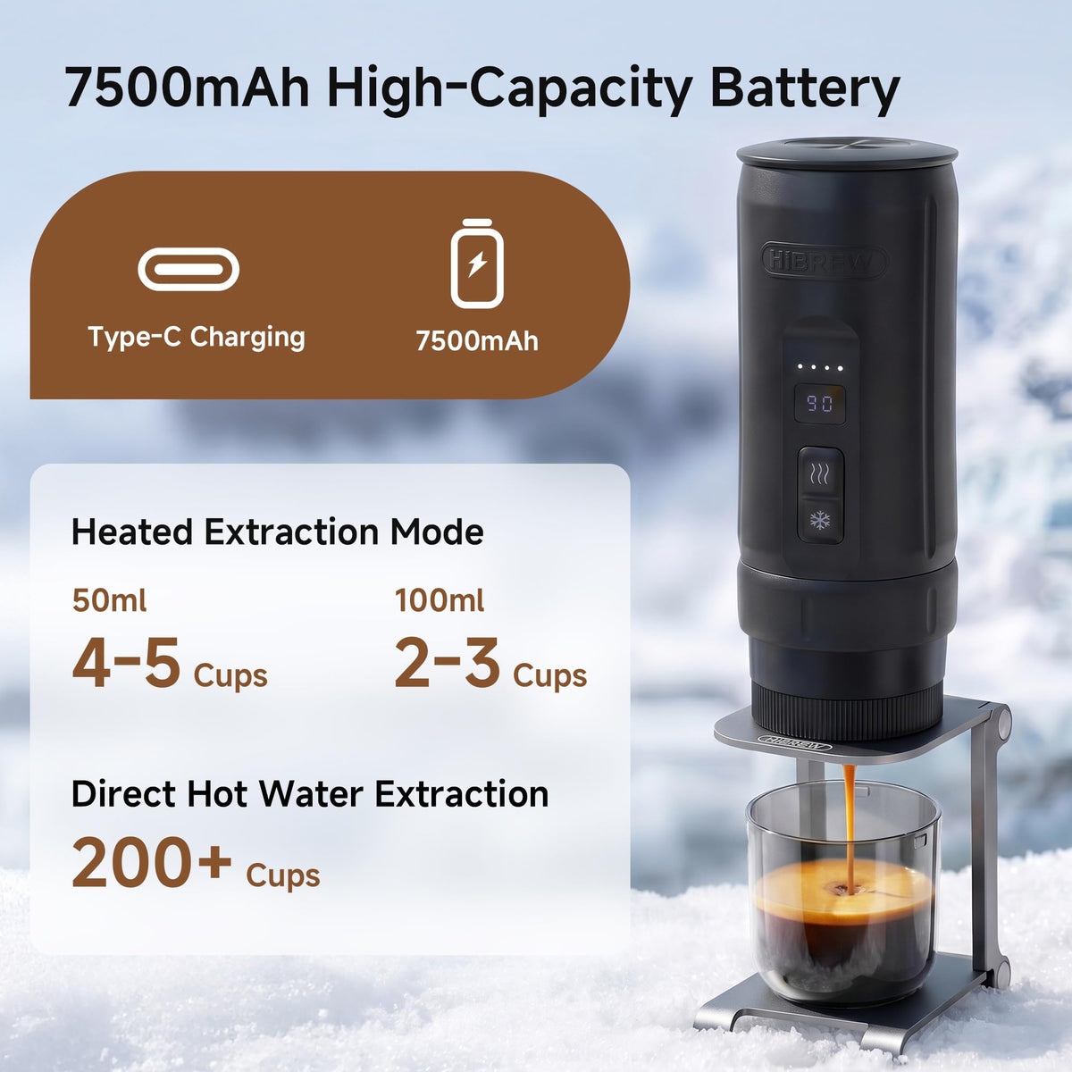 HIBREW H4C Ultra - Portable Electric Espresso Maker, 51mm Bottomless Professional Coffee Maker, USB-C Rechargeable for Ground Coffee,Compact for Camping and Travel,with Foldable Holder & Carrying Case