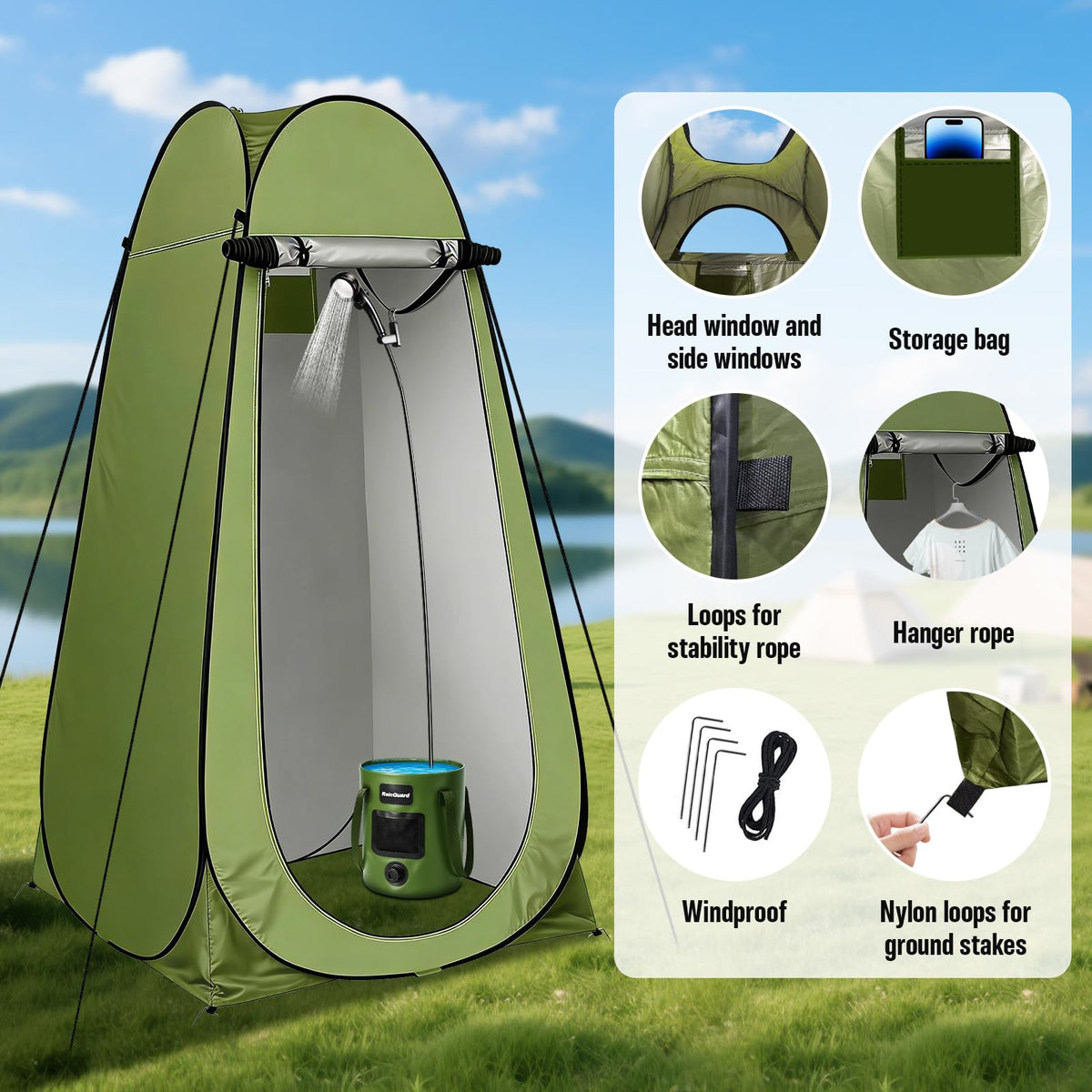 Motivekit™ Portable Camping Shower Tent Kit with LED Lights | 6.6 Gallons Foldable Bucket, 6000mAh Shower Pump, 6' 7" Shower Head, 1500W Immersion Heater, Summer Beach Outdoor Shower for Hiking Beach