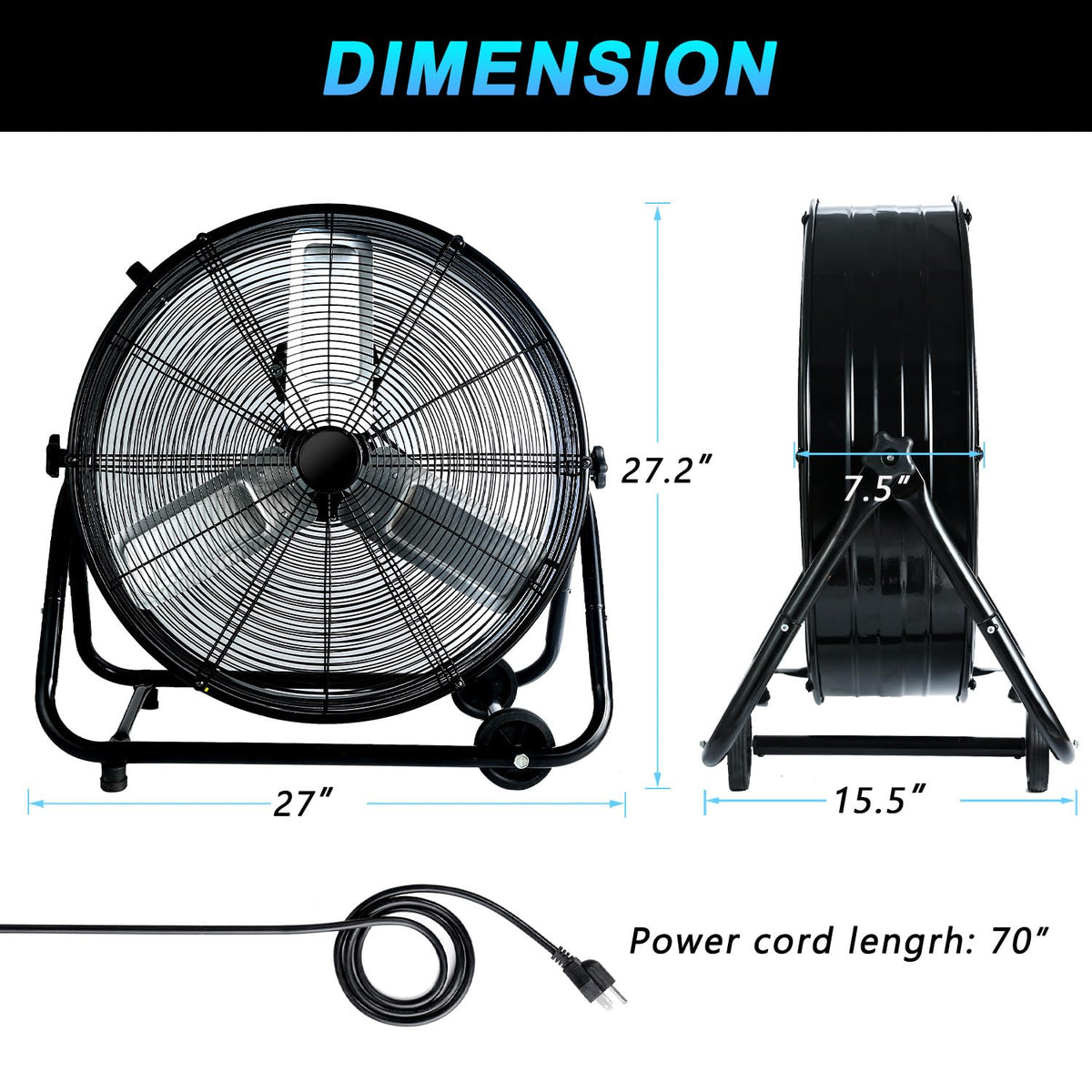 WARMLREC 24" Industrial Floor Fan, 8900 CFM High Velocity Drum Fan with 3 Speeds, Portable Heavy Duty Industrial Fan for Warehouse, Workshop, Factory, Commercial, Residential and Greenhouse Black