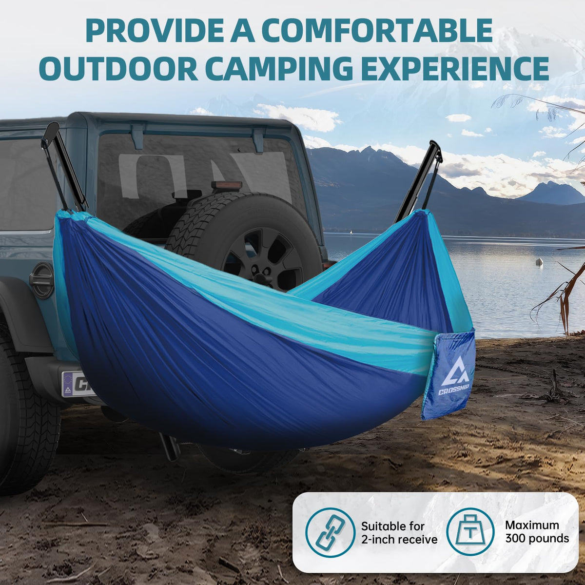 CROSSHIP Hitch Mount Hammock Stand - Includes Parachute Nylon Hammock & Storage Bag - for 2'' Receiver, Fits Class III & IV Heavy Duty Trucks, for Camping, Outdoor, Travel (350lbs Weight Capacity)